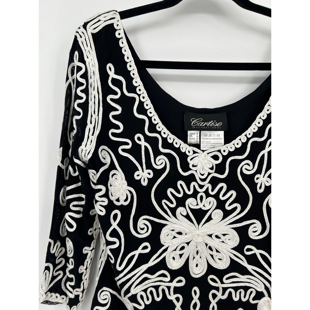Cartise International Black White Soutache Embroidered Mesh Top V-Neck Size 12 - Picture 4 of 15
